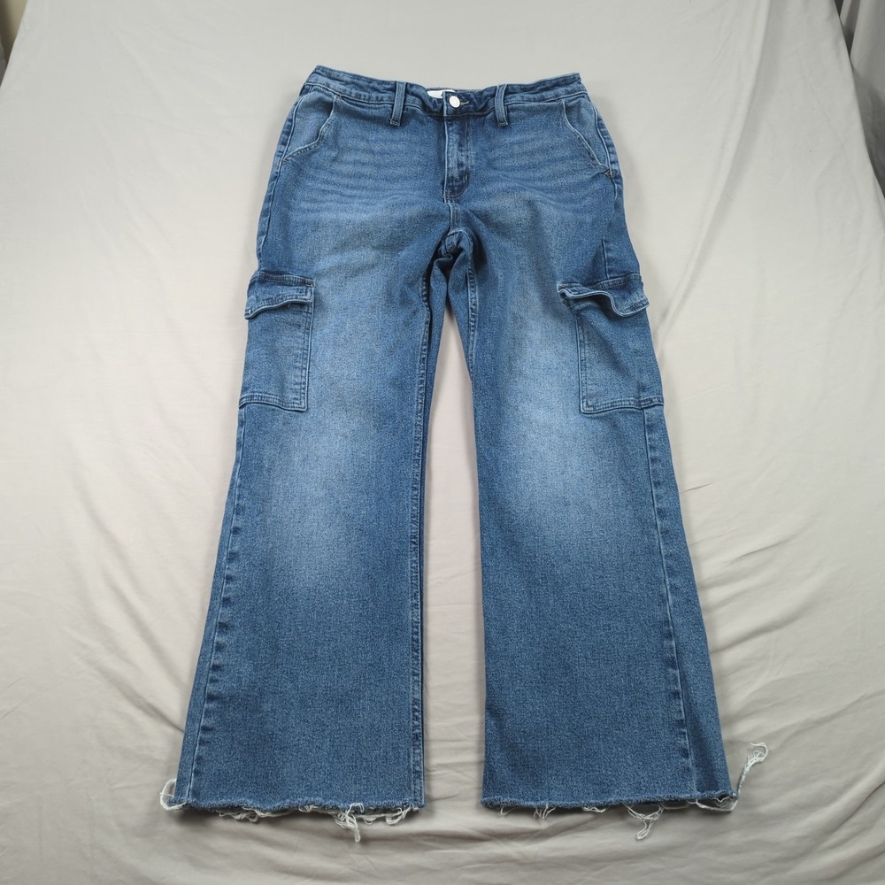 Kancan Jeans Womens 29 Blue High‎ Rise Wide Leg Cargo Utility Frayed